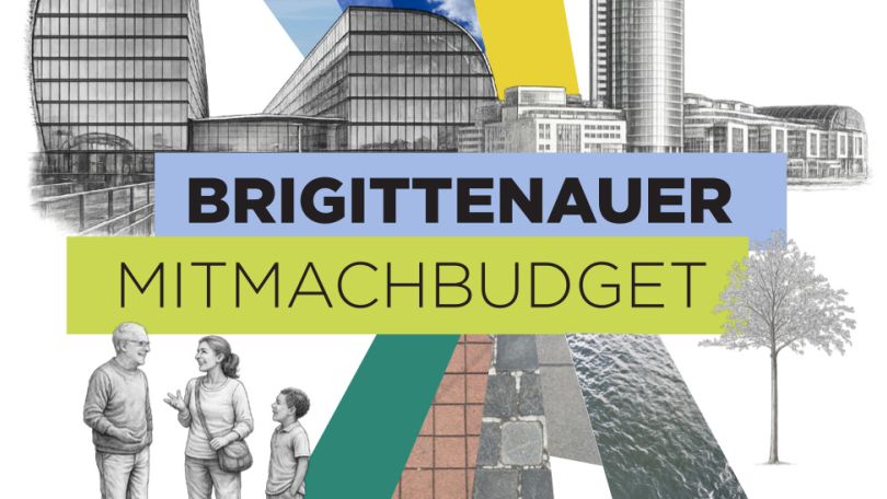 Grafik mit Gebäuden, einem Baum und Menschen im Gespräch, in der Mitte der Text "Brigittenauer Mitnmachbudget"