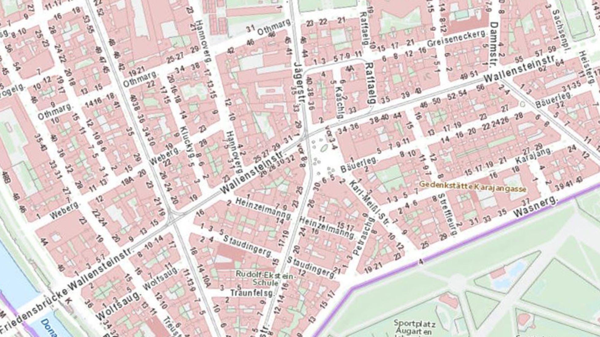 Planausschnitt vom 20. Bezirk rund um die Wallensteinstraße