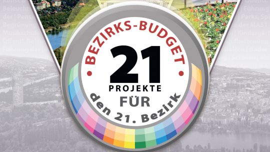 Logo mit Schriftzug "Bezirksbudget: 21 Projekte für den 21. Bezirk"