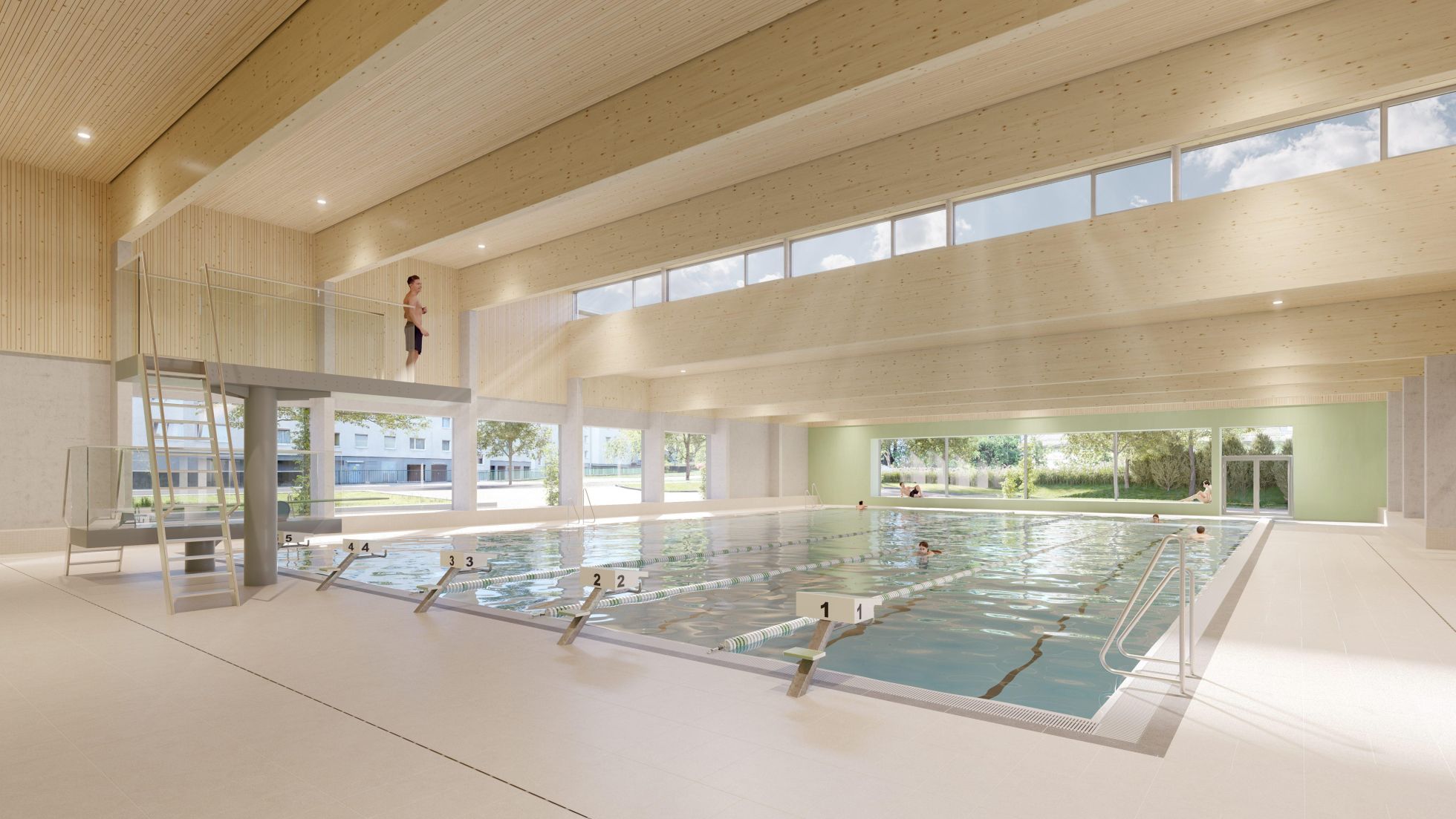 copyright: Gobli GmbH Rendering der Schwimmhalle innen; Moderner heller Bau mit niedrigen Holzdecken und hellem Fliesenboden