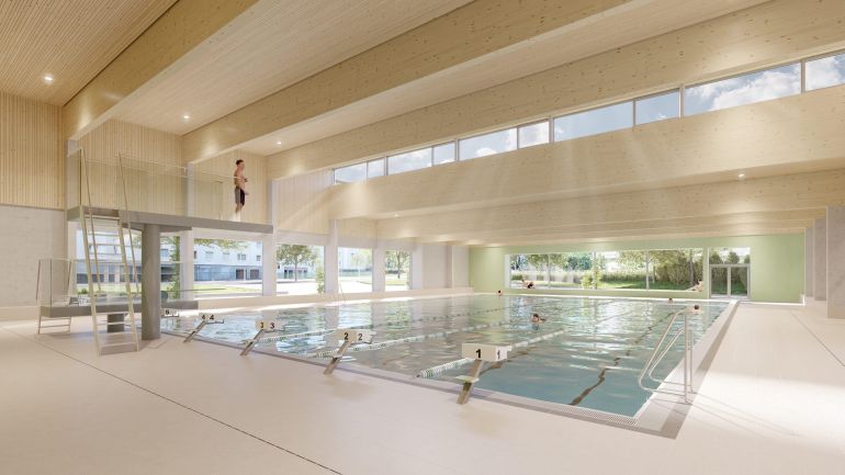 Rendering der Schwimmhalle innen; Moderner heller Bau mit niedrigen Holzdecken und hellem Fliesenboden