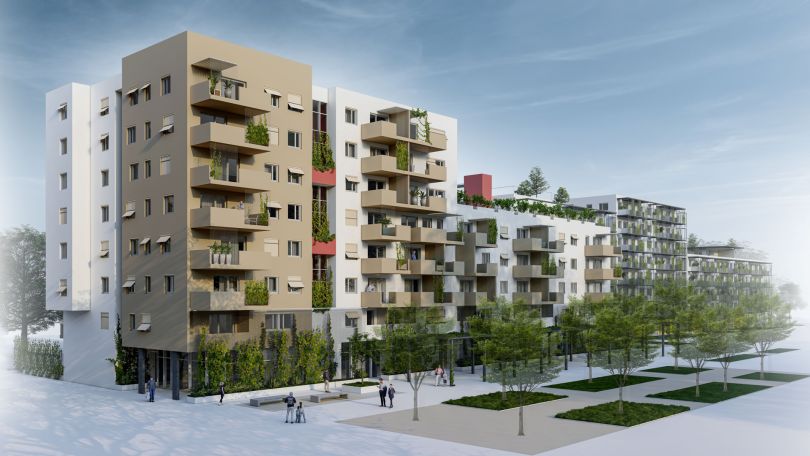 Rendering von einem mehrstöckigen Gebäude mit Balkonen