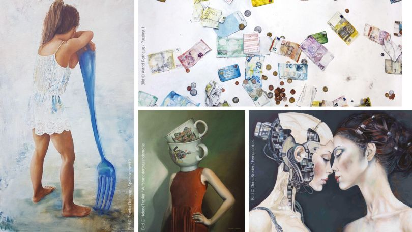 copyright: Grafik: Xen; Astrid Rothaug, Franka, Rothaug, Helene Traxler, Doris Breuer Collage von Gemälden, die Frauen mit Alltagsgegenständen zeigen