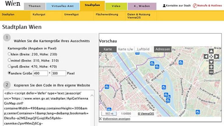 Ansicht des Dialogs zur Erstellung eines Stadtplanausschnitts