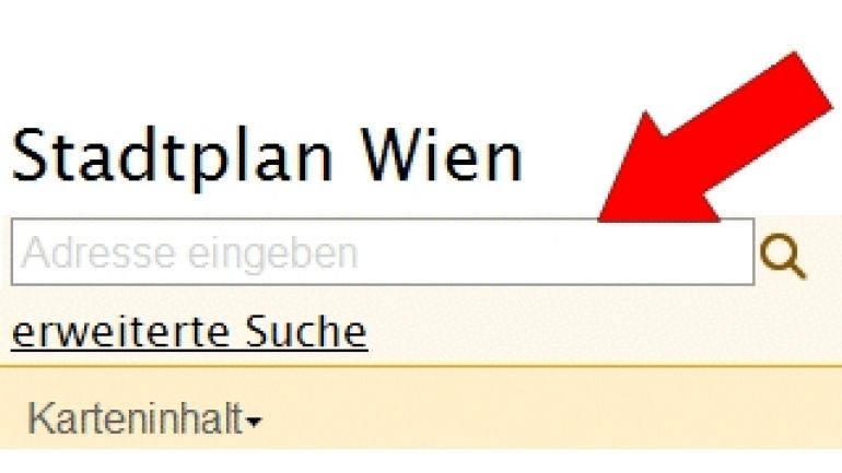 copyright: ViennaGIS Ausschnitt aus dem wien.at-Stadtplan, roter Pfeil auf Adresseingabefeld