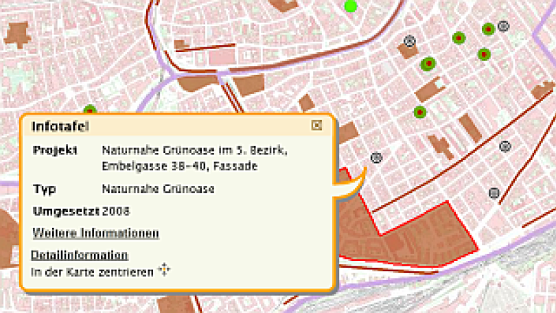 Screenshot Umweltgut mit geöffneter Sprechblase zu einer Infotafel Naturoase im 5. Bezirk