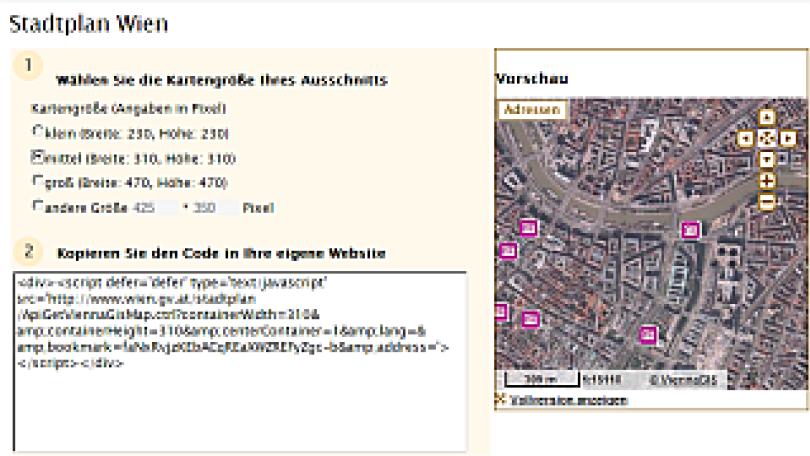Screenshot Voransicht Einbetten eines Stadtplanausschnitts mit Luftbild und Sehenswürdigkeiten