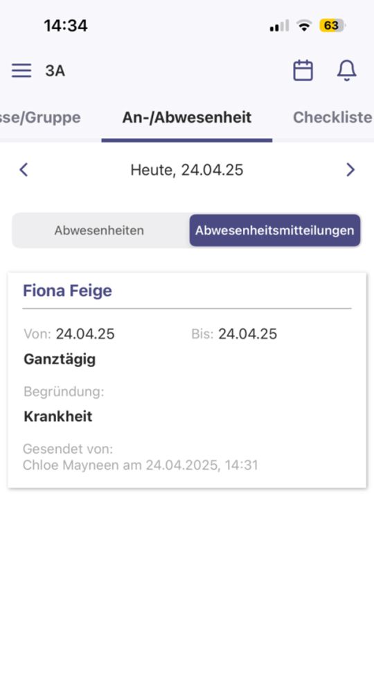 copyright: Fox Education Services GmbH Screenshot der App "WiBi" - Übersicht über Abwesenheiten