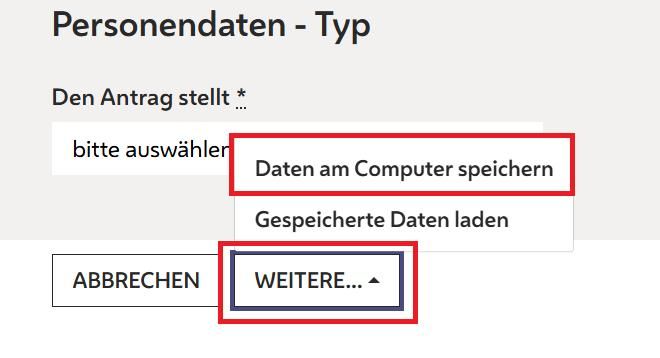 copyright: Stadt Wien Kultur (MA 7) Abbildung des Formular-Buttons "Weiter" mit Auswahl "Daten am Computer speichern"