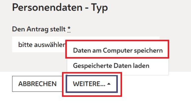 Abbildung des Formular-Buttons "Weiter" mit Auswahl "Daten am Computer speichern"