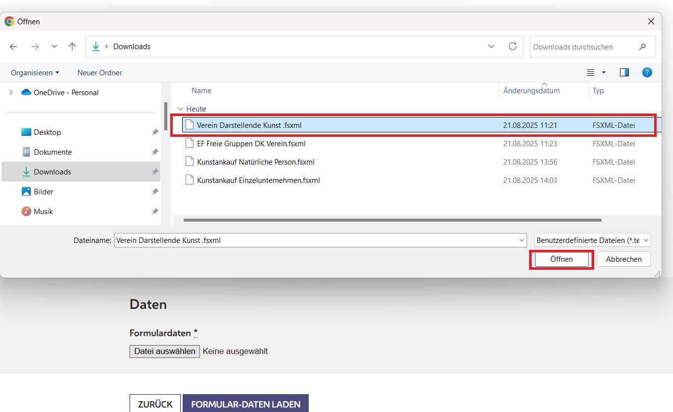 copyright: Stadt Wien Kultur (MA 7) Bestätigen Sie das Hochladen mit einem Klick auf "Öffnen". Die Formulardaten werden automatisch in das Online-Formular übernommen.