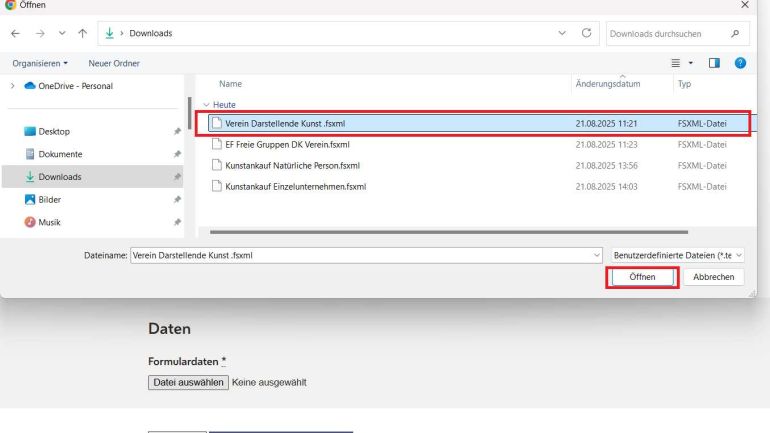 copyright: Stadt Wien Kultur (MA 7) Bestätigen Sie das Hochladen mit einem Klick auf "Öffnen". Die Formulardaten werden automatisch in das Online-Formular übernommen.