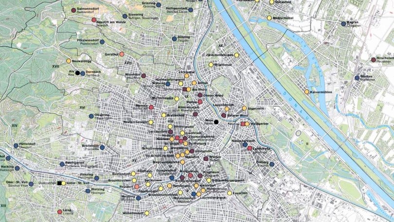 Stadtplan mit Standorten historischer Denkmäler