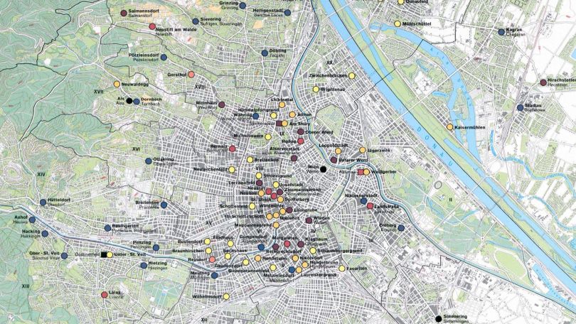 Stadtplan mit Standorten historischer Denkmäler