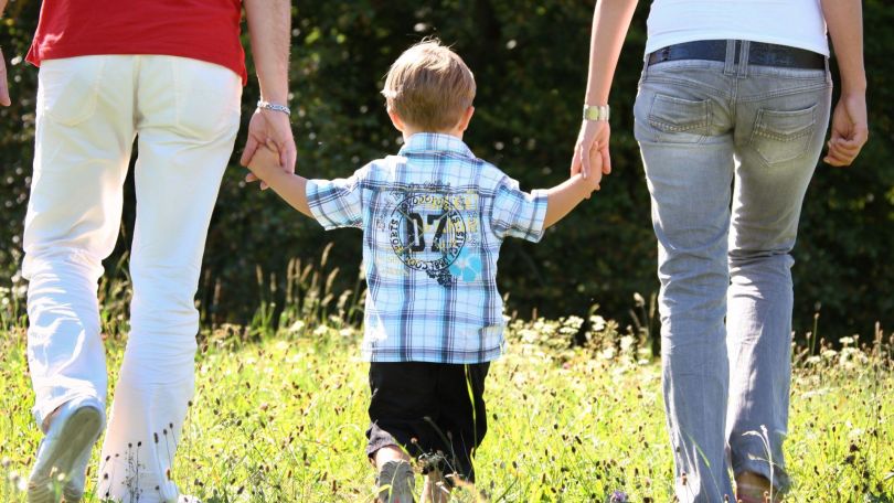 copyright: BilderBox.com Vater und Mutter gehen Hand in Hand mit Sohn auf Wiese.