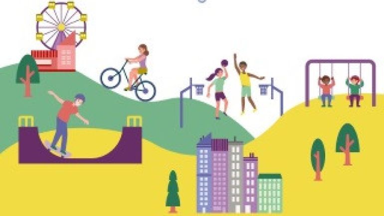 copyright: Stadt Wien Bunte Grafik, die Jugendliche in Comicform beim Spielen zeigt