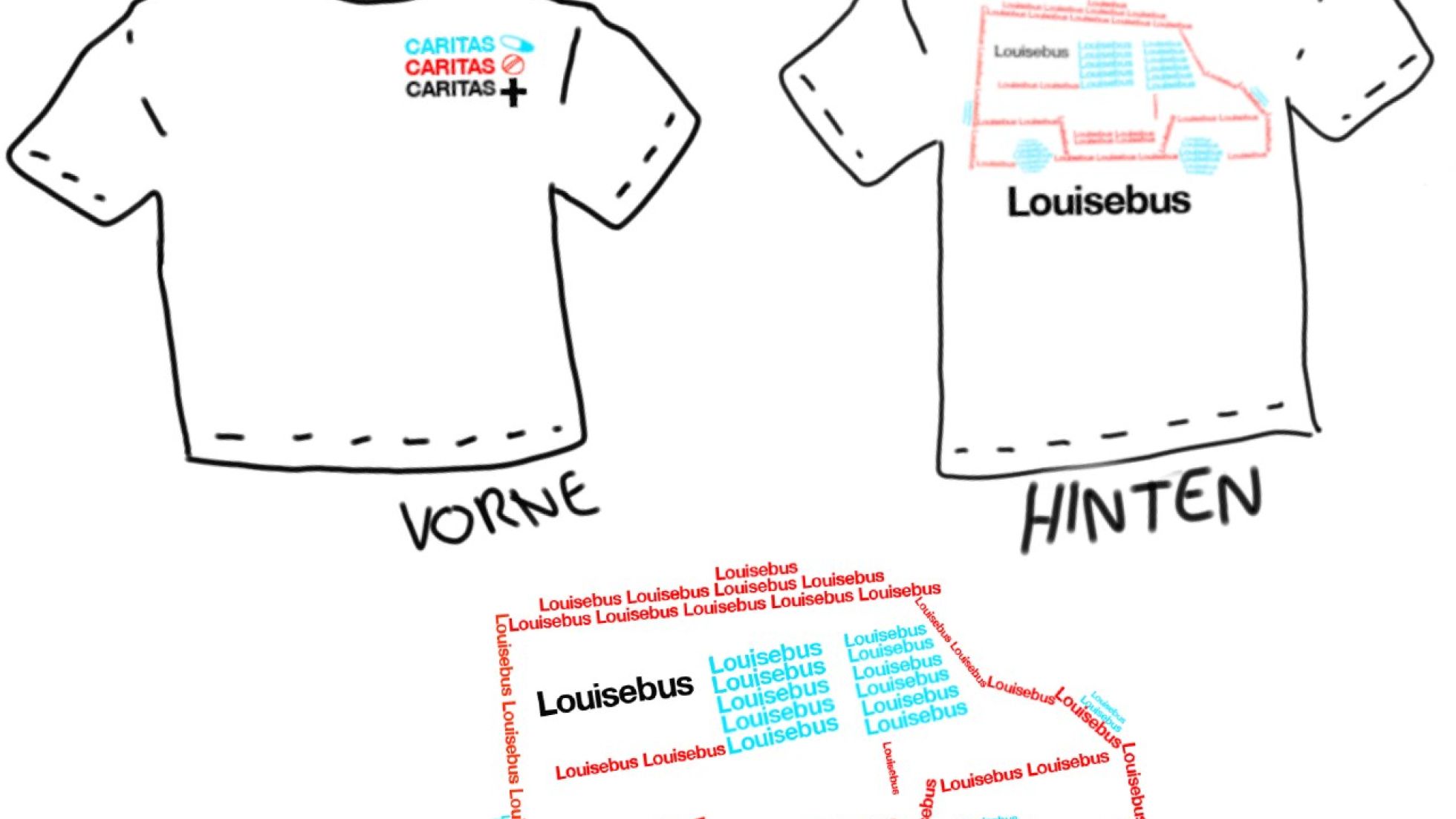 copyright: Leonie Sommer Entwurf eines T-Shirts mit Aufschrift "Louisebus" und Comic-Bus