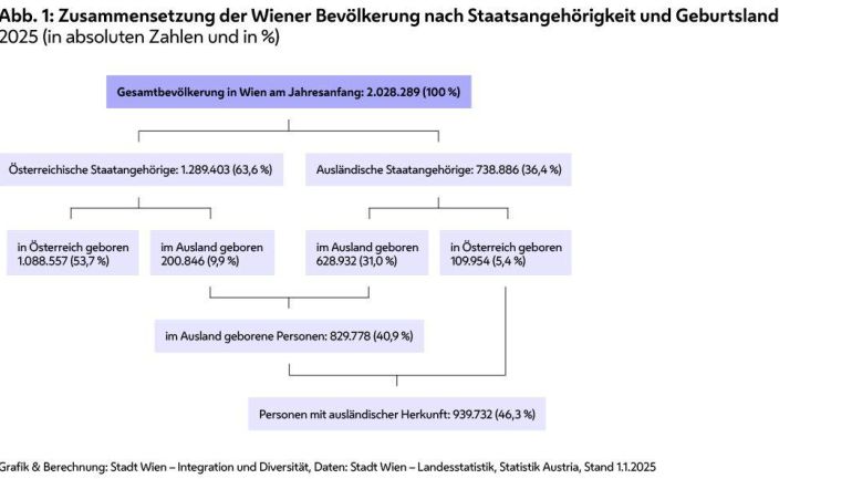 Die Grafik zeigt, wie sich 2025 die Wiener Bevölkerung nach Staatsbürgerschaft und Geburtsland zusammensetzt