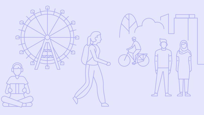 Illustration Wiener Riesenrad, Person auf einem Fahrrad, eine lesende Person und 2 weitere stehende Personen