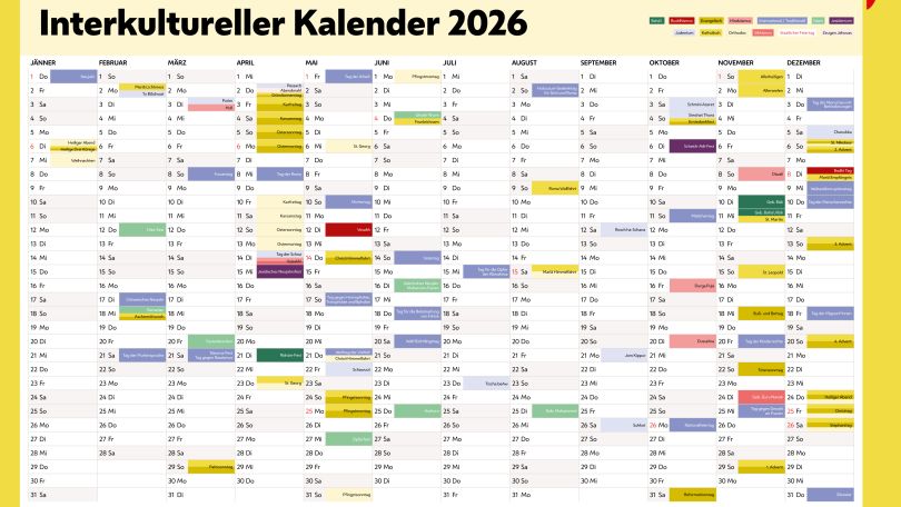 copyright: Stadt Wien - Integration und Diversität Das Bild zeigt den Interkulturellen Kalender von 2026 im Jahresüberblick