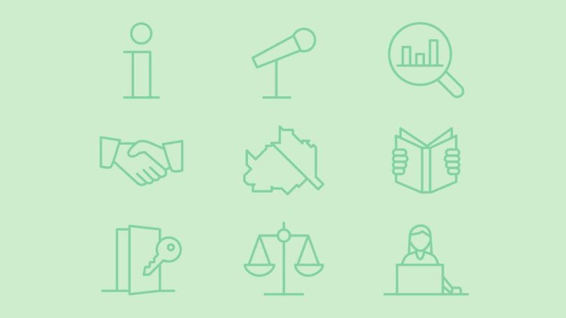 Hellgrün gehaltene Illustration mit diversen Symbolen, unter anderem Informationssymbol, Lupe, Mikrofon, Wien-Karte