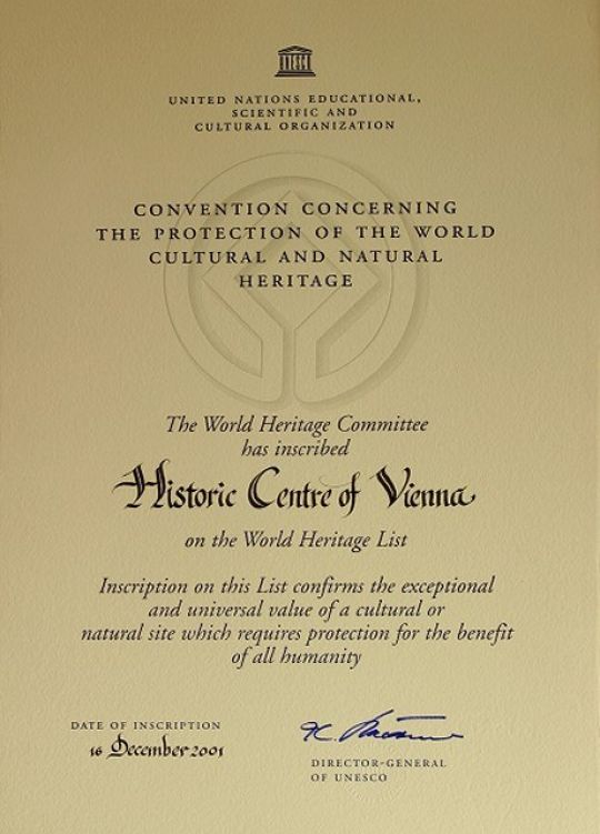 UNESCO Urkunde aus dem Jahr 2001