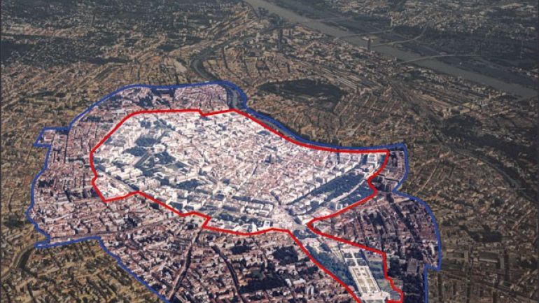 Luftbild der Inneren Stadt mit eingegrenzter Kern- und Pufferzone
