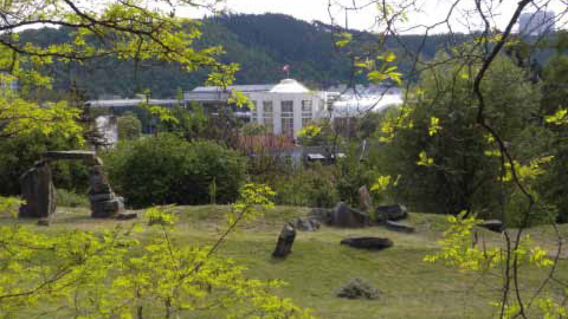 Wiesenfläche mit Bäumen, Sträuchern, im Hintergrund ein Gebäude