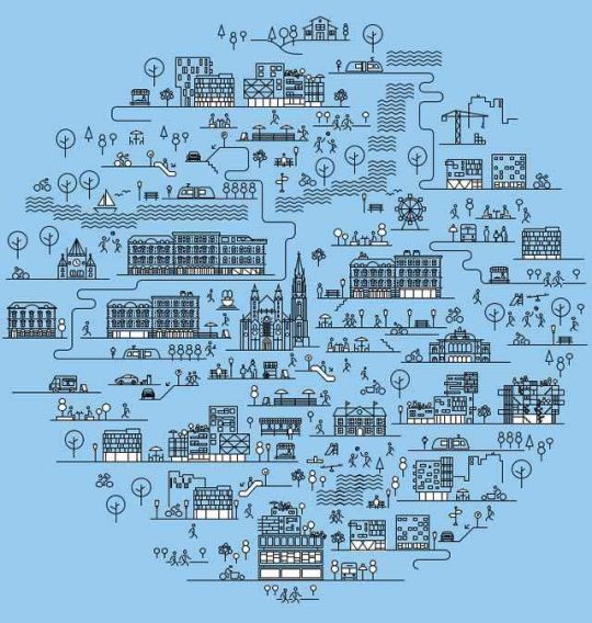 Grafik, stilisierte Gebäude und Plätze mit unterschiedlichen Funktionen