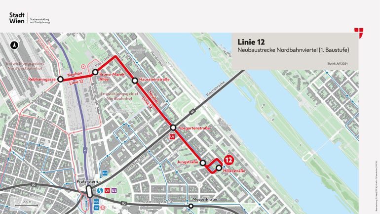 Übersichtsplan zur Neubaustrecke der Linie 12 im 2. Bezirk