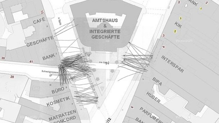 Grafik: Striche über die Straßen rund um das Amthaus zeigen Wege und die Häufigkeit der Querungen an.