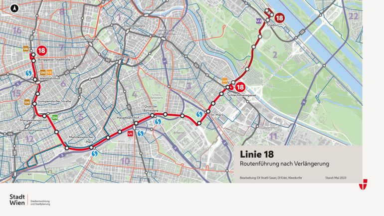 Stadtplanausschnitt mit eingezeichneter Straßenbahnlinie 18. Die Linie führt von Burggasse/Stadthalle über den Gürtel zum Matzleinsdorfer Platz, Hauptbahnhof, St. Marx und Schlachthausgasse durch den Prater zur neuen Endstation Stadion.