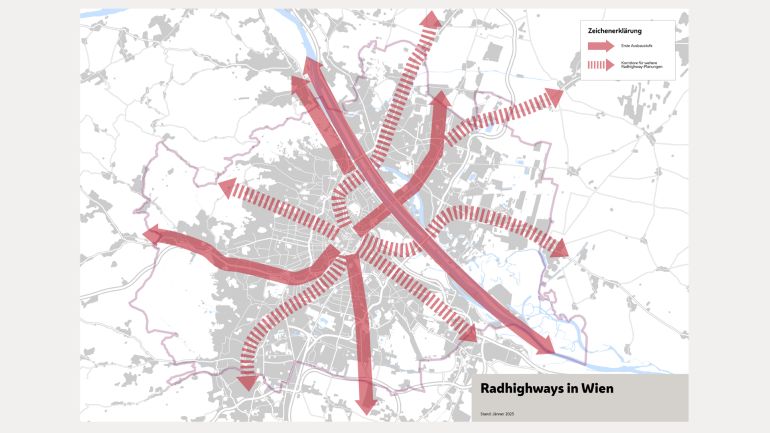 Karte mit eingezeichneten Radhighway-Routen