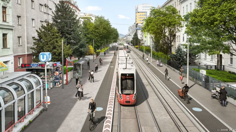 Visualisierung der Straßenbahn in der Haltestelle Vorgartenstraße, daneben Bäume und Altbauten
