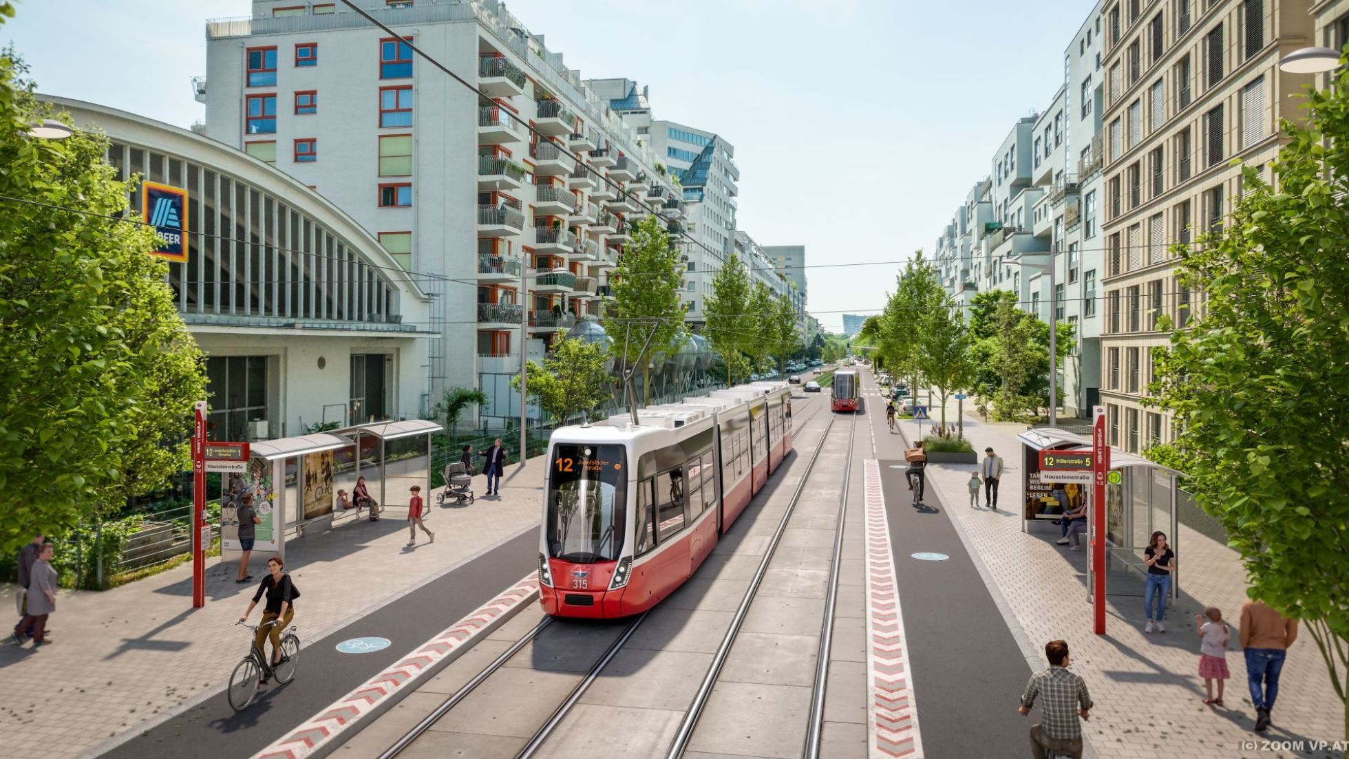 Visualisierung der Straßenbahn neben Neubauten, Radwegen und einem Supermarkt