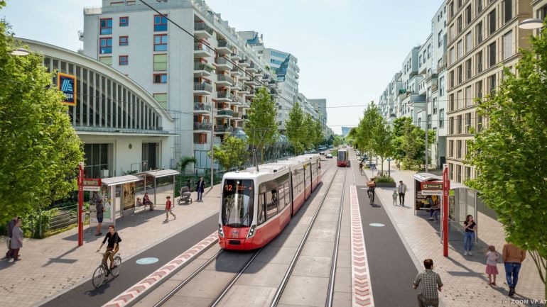 Visualisierung der Straßenbahn neben Neubauten, Radwegen und einem Supermarkt