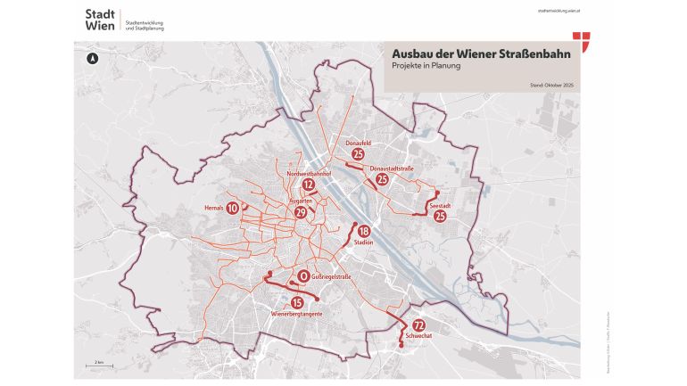 Wiener Stadtgebiet mit eingezeichneten Punkten und Linien zum geplanten Ausbau der Wiener Straßenbahn.