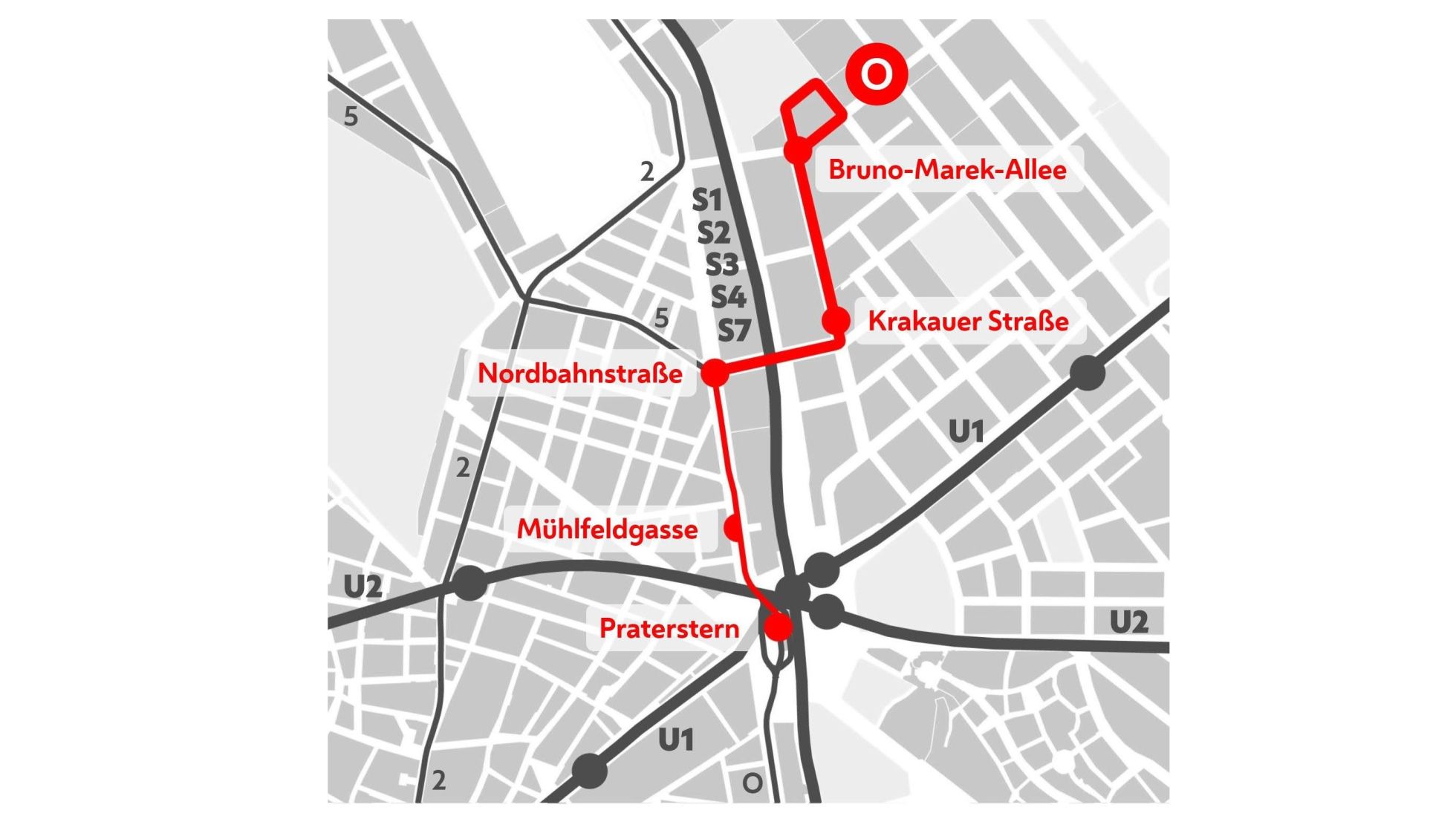 Plan der Streckenführung der Linie O im Wiener Stadtgebiet.