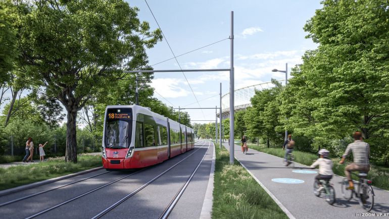 Visualisierung der neuen Straßenbahnlinie 18 neben einem Radweg, Radfahrende fahren Richtung Stadion.