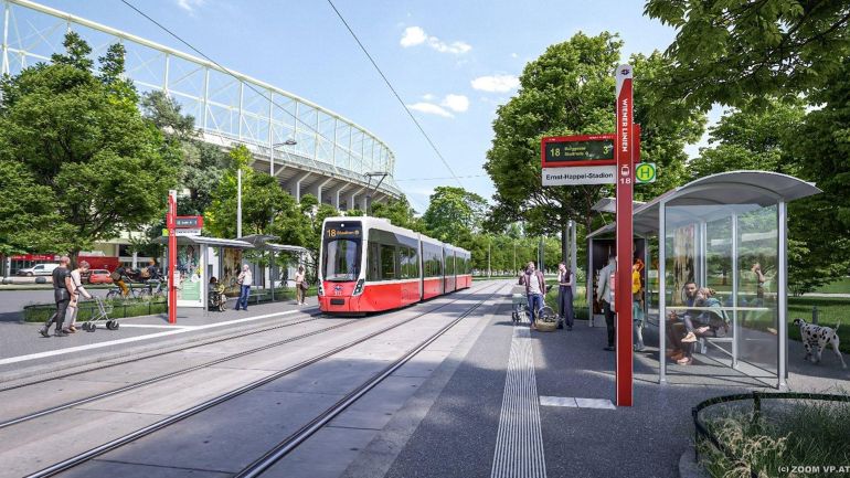 Visualisierung einer Straßenbahn in einer neuen Station mit Wartebereich, dahinter das Stadion.