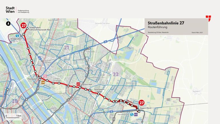 Routenführung der neuen Straßenbahnlinie 27.