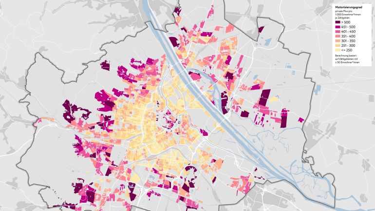 copyright: Stadt Wien - Stadtentwicklung und Stadtplanung (MA 18) Karte mit verschiedenen Farben, die den Motorisierungsgrad 2022 in Wien darstellen