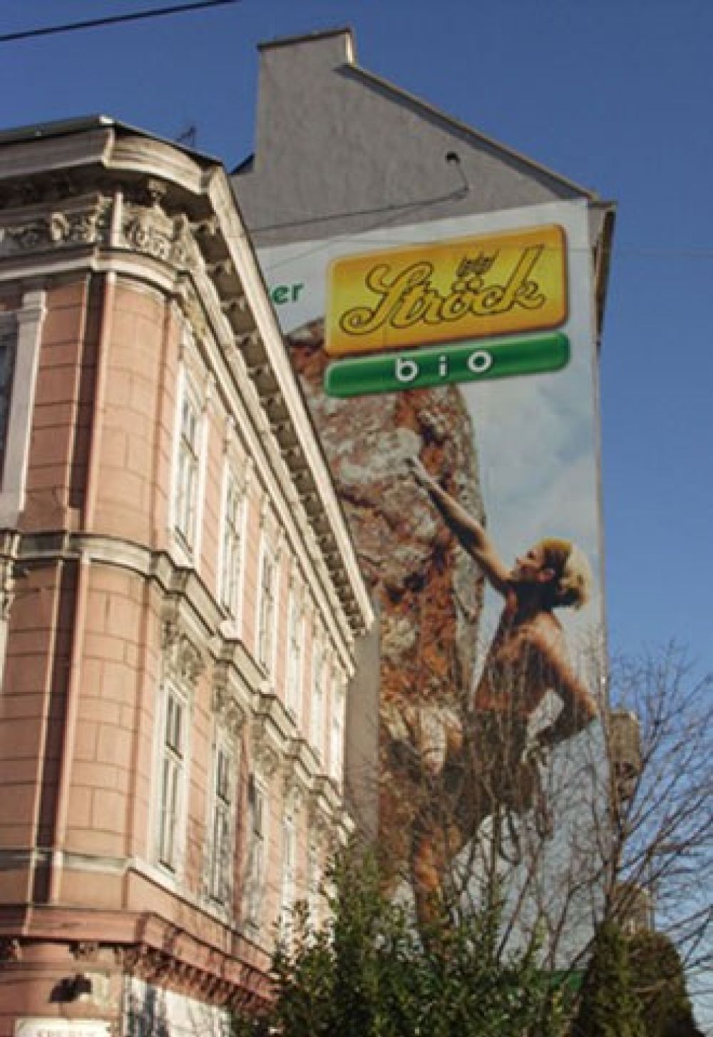 <p>Feuermauerwerbung</p> Feuermauer eines Hauses mit einer vollflächigen Werbung