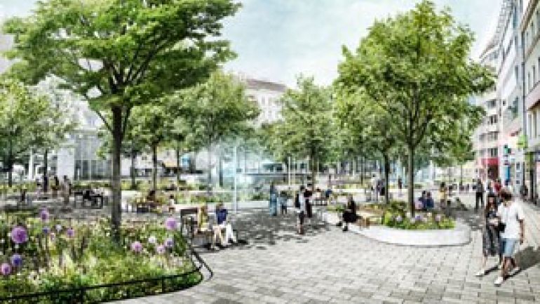 Visualisierung, Platz mit Bäumen und Bänken