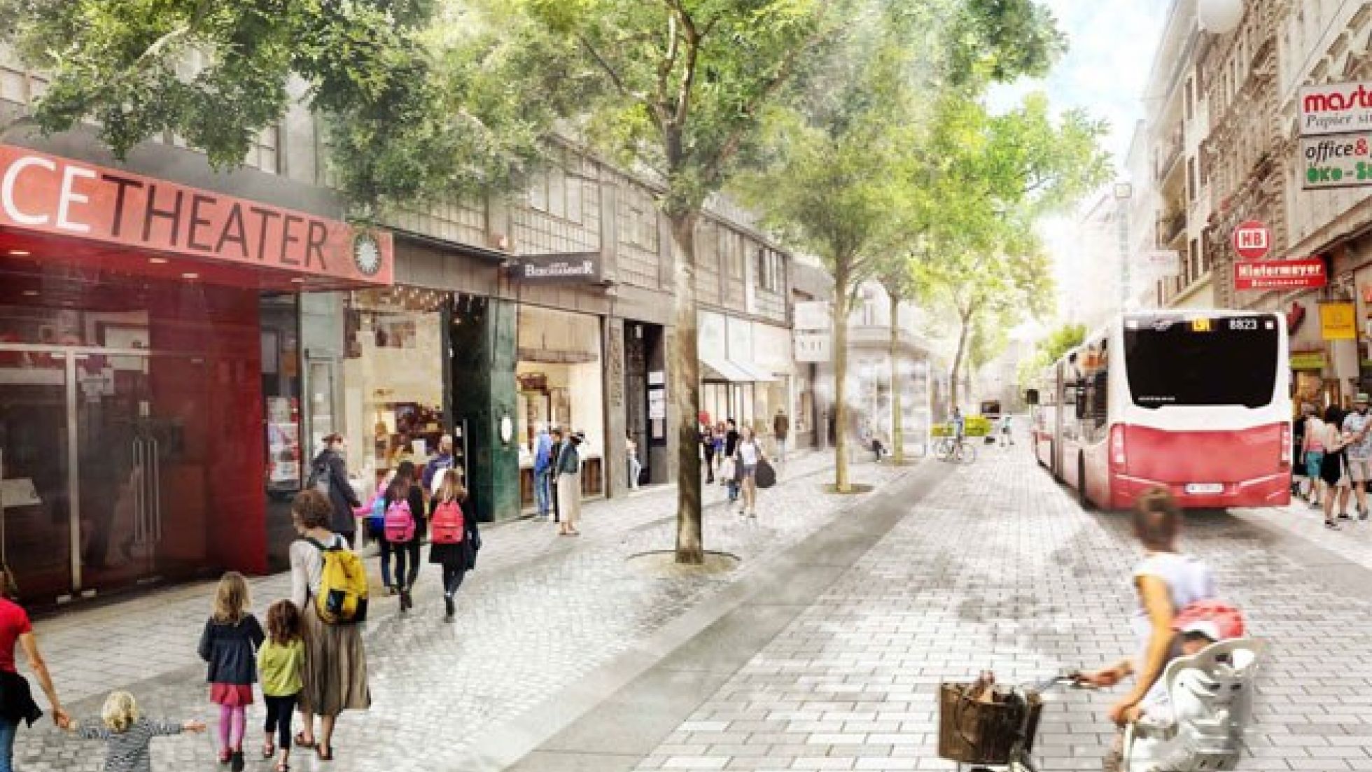 copyright: Wiener Linien/Rendering: DnD Landschaftsplanung ZT KG Menschen gehen im Baumschatten durch eine Geschäftsstraße