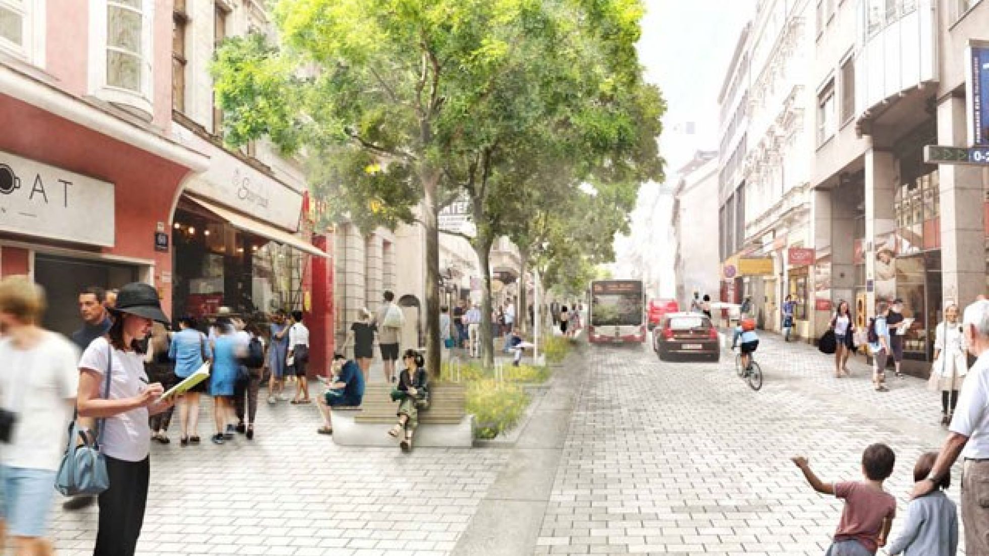copyright: Wiener Linien/Rendering: DnD Landschaftsplanung ZT KG Menschen in einer Einkaufsstraße mit Bäumen