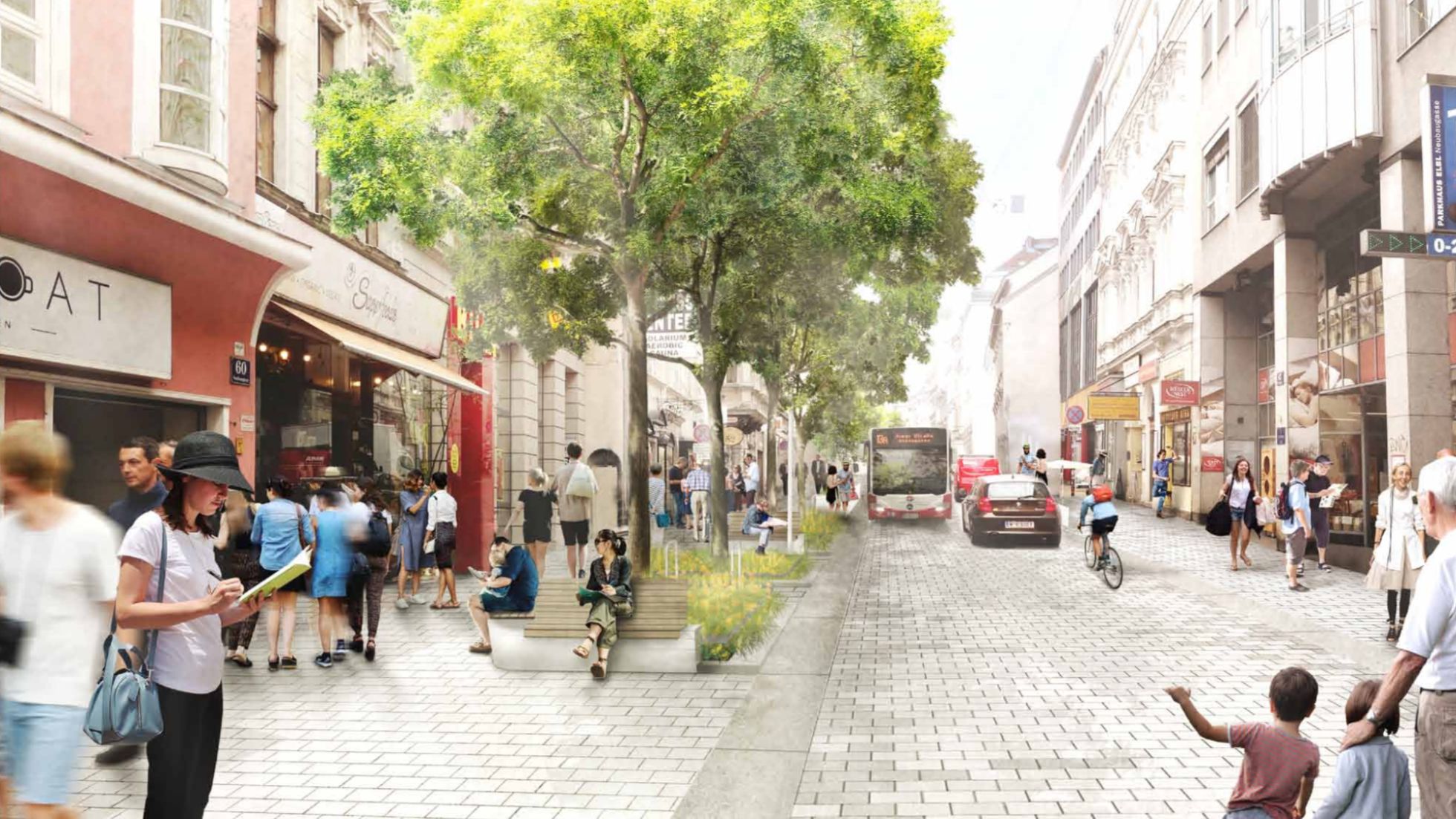 Menschen in einer Einkaufsstraße mit Bäumen