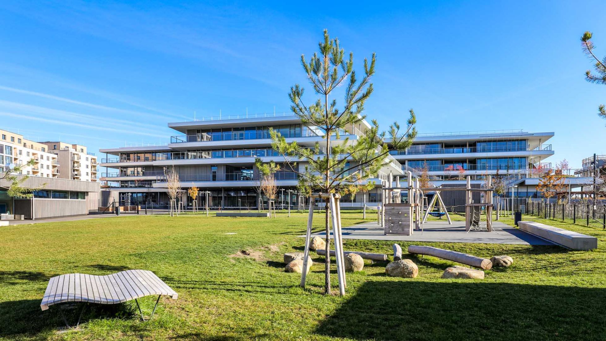 Rasen mit Liegefläche, Baum und großen Steinen als Sitzgelegenheit hinter Schulgebäude