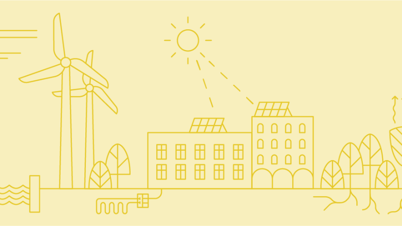 Grafische Darstellung von Windrädern, Gebäuden, Bäumen und Sonne