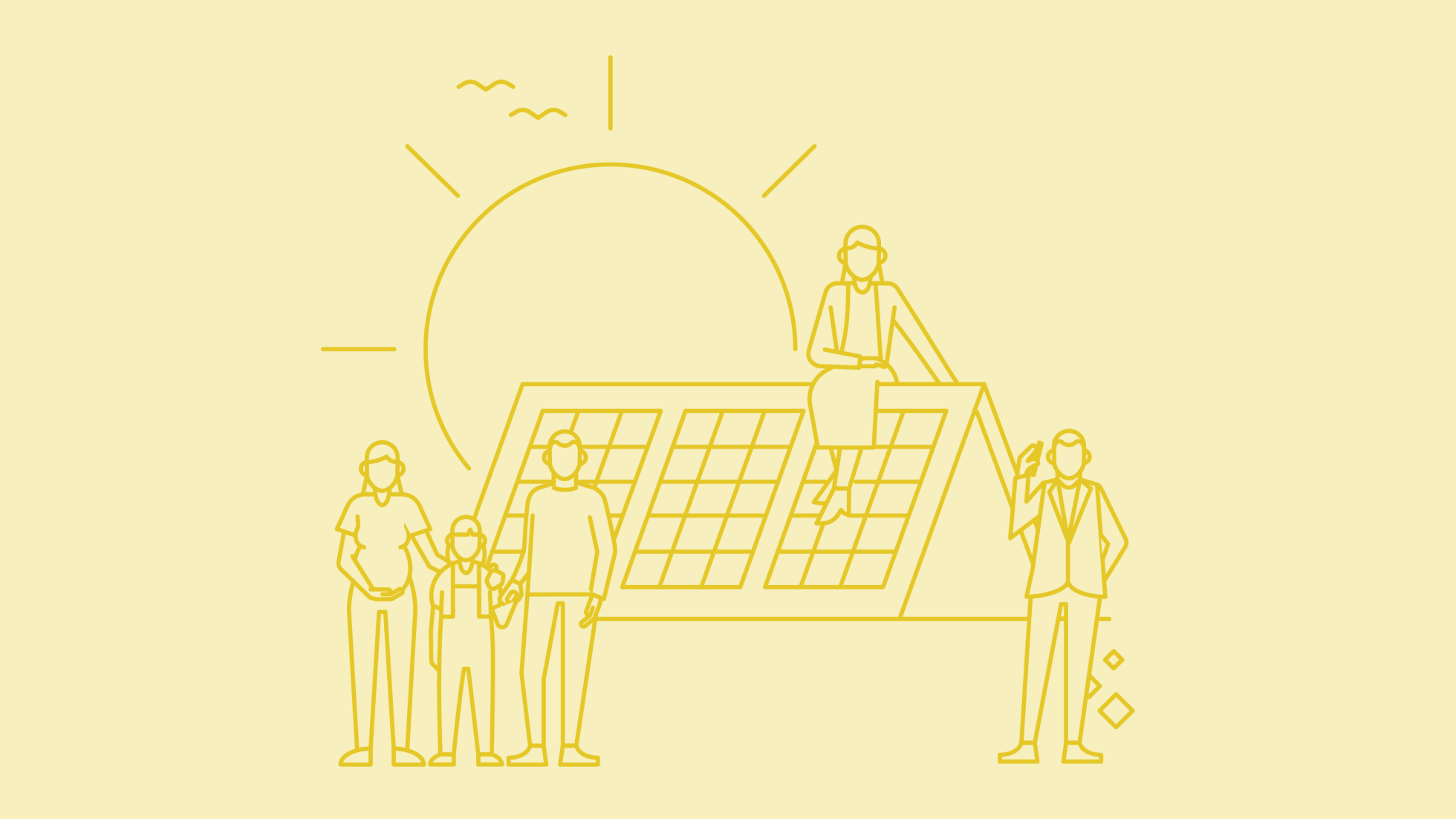 Illustration mehrerer Personen vor einem Solarpanel, dahinter eine große Sonne
